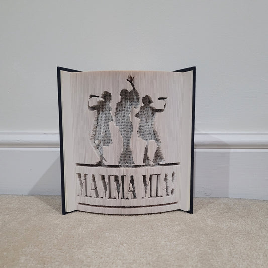 A picture of a book fold with Mamma Mia, Donna and the Dynamos on the front.