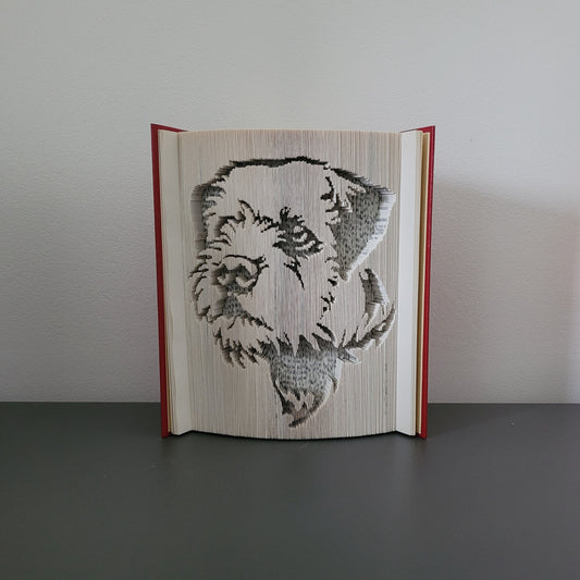 A book fold with a border terrier dog on the front.