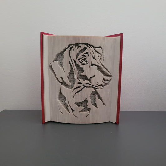 A picture of a folded book with a sausage dog/dachshund on the front.