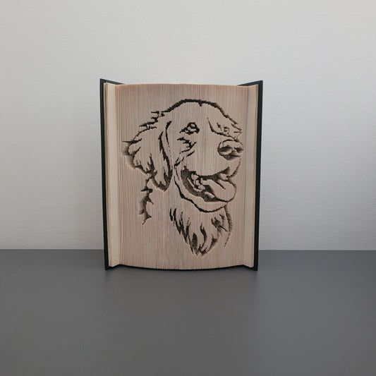 A folded book, with a picture of a golden retriever on the side of the book.
