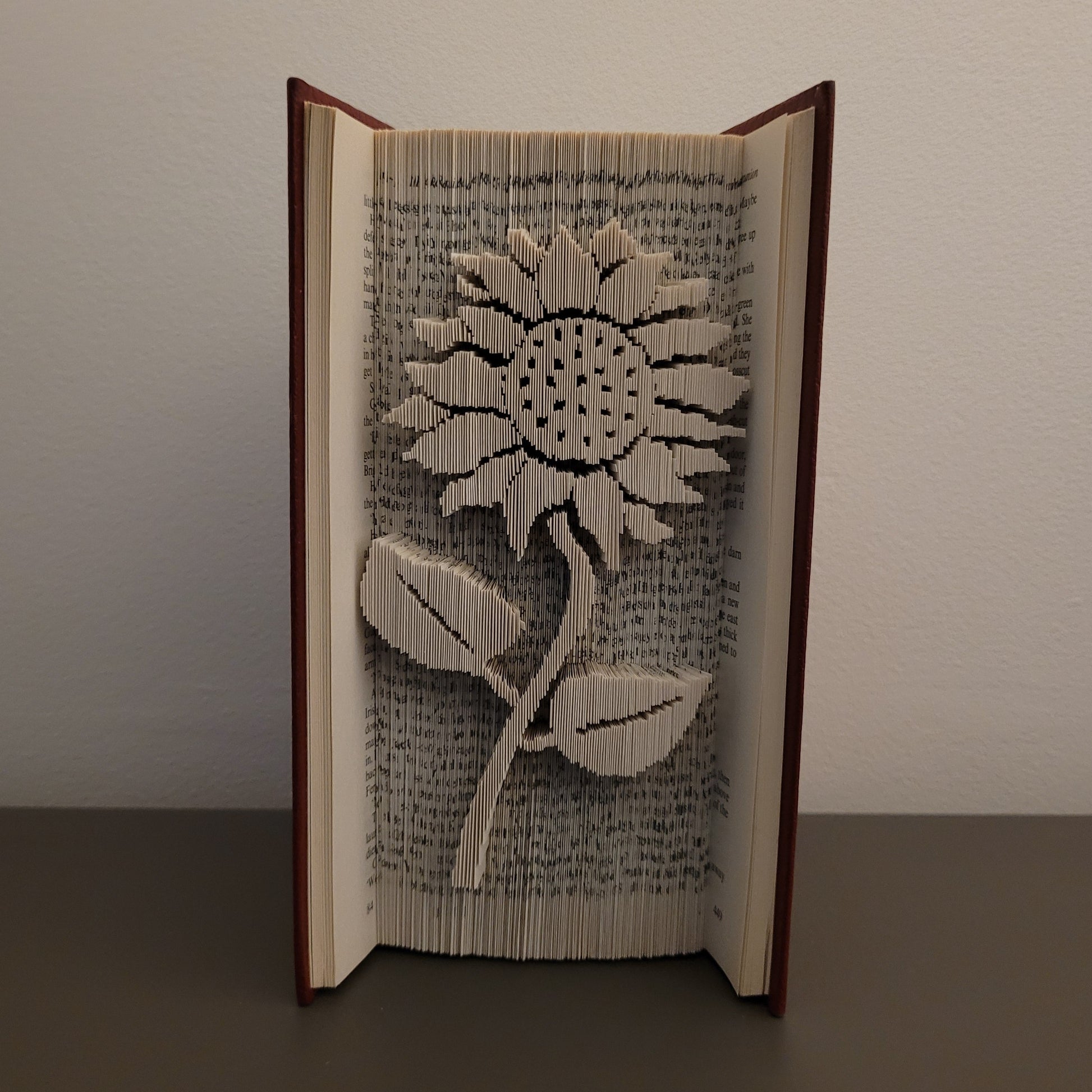 A picture of a book fold, with a sunflower pattern on the front.