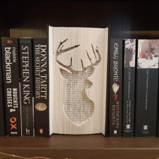 A book fold with a picture of a deer head with antlers on