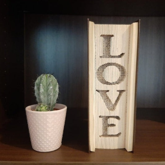 A book fold with the word "Love" going vertically down the front.